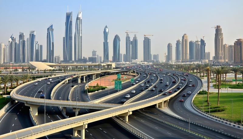 Dubai cityscape with highways and modern road infrastructure Dubai cityscape with highways and modern road infrastructure