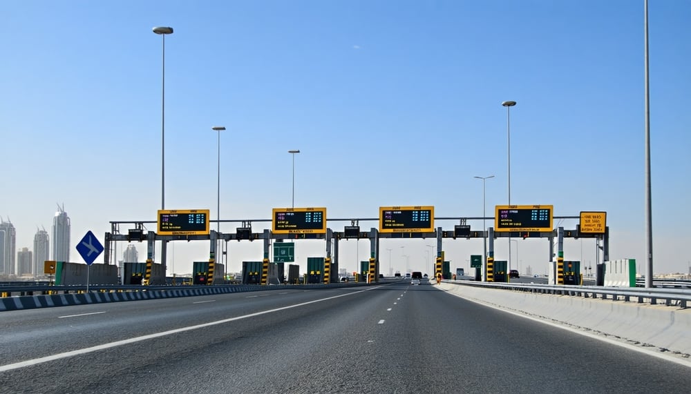 A Dubai highway with electronic road toll gates A Dubai highway with electronic road toll gates